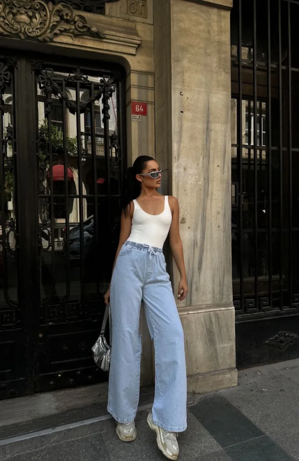 Kadın Arkadan Yırtmaçlı Jeans Kot Palazzo Pantolon - Mavi