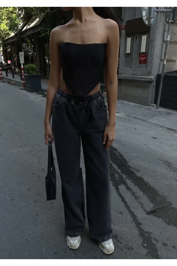 Kadın Arkadan Yırtmaçlı Jeans Kot Palazzo Pantolon - Siyah