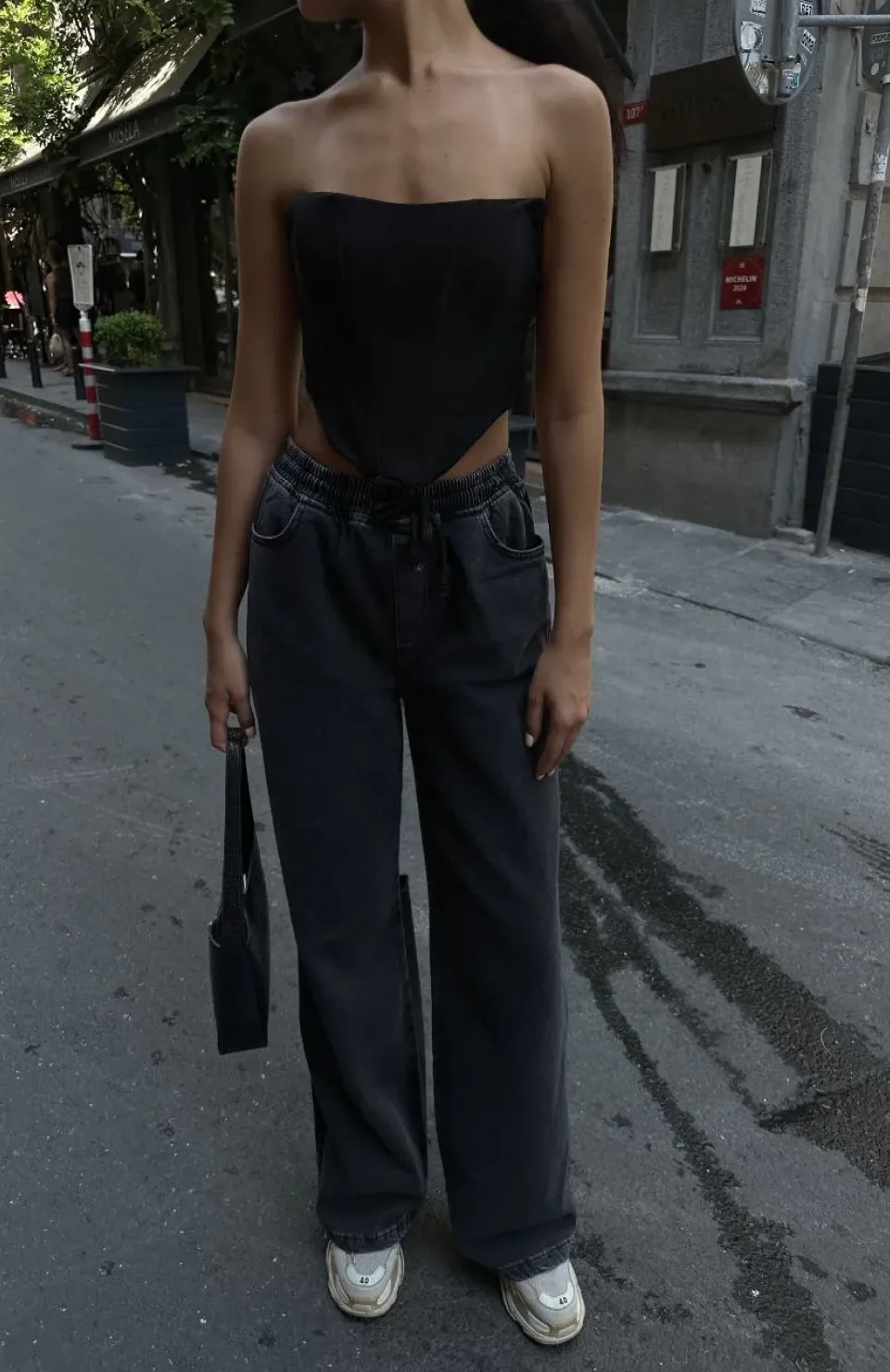 Kadın Arkadan Yırtmaçlı Jeans Kot Palazzo Pantolon - Siyah