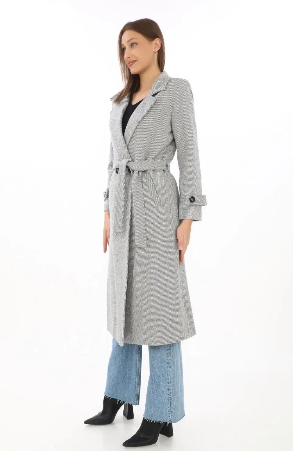 Kadın Astarlı Balık Sırtı Kaşmir Kaşe Kaban - Gri Somersan Giyim | Kadın, Erkek ve Çocuk Moda