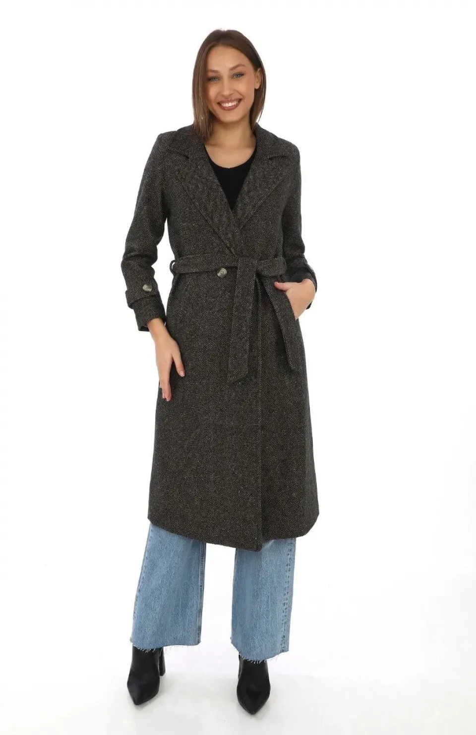 Kadın Astarlı Balık Sırtı Kaşmir Kaşe Kaban - Kahverengi Somersan Giyim | Kadın, Erkek ve Çocuk Moda