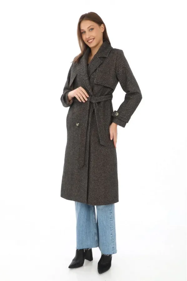 Kadın Balık Sırtı Kaşmir Uzun Kaşe Kaban - Kahverengi