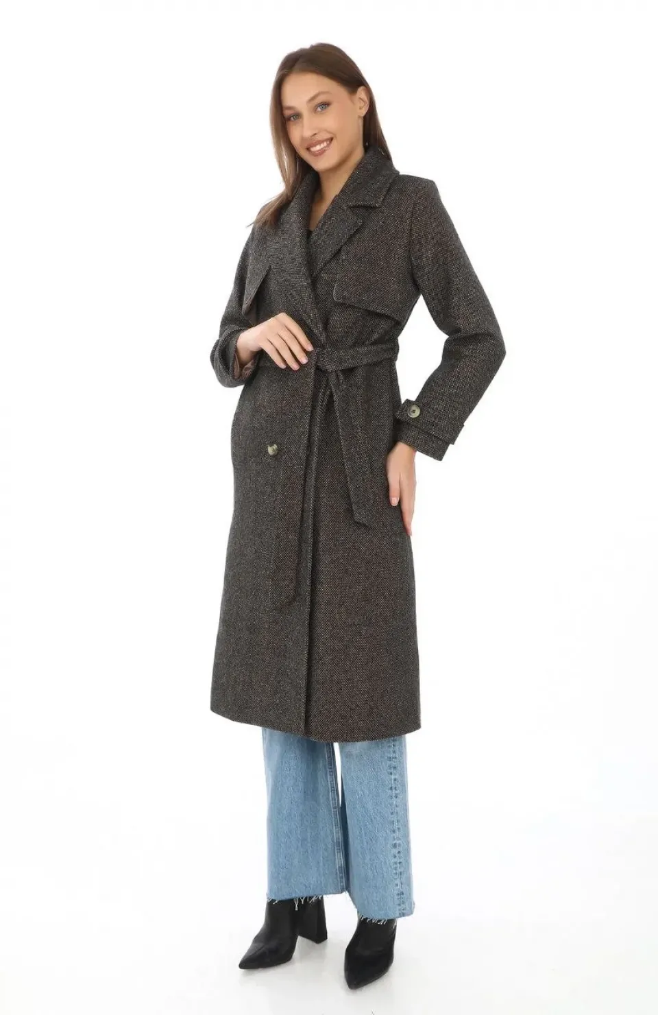 Kadın Balık Sırtı Kaşmir Uzun Kaşe Kaban - Kahverengi