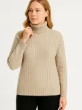 Kadın Balıkcı Yaka Bağazlı Triko Kazak Pamuklu Kalın Fitilli Dokuma - Bej