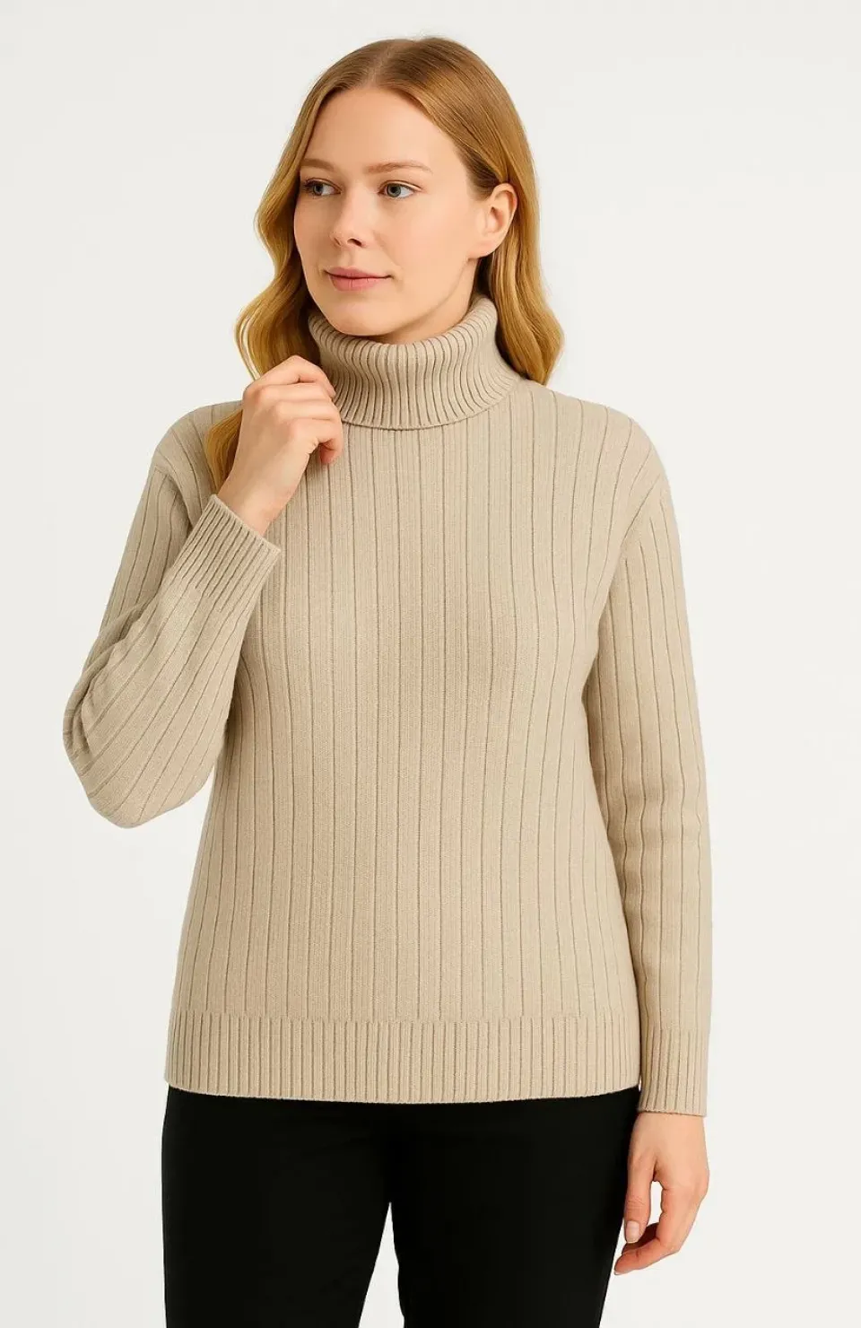 Kadın Balıkcı Yaka Bağazlı Triko Kazak Pamuklu Kalın Fitilli Dokuma - Bej