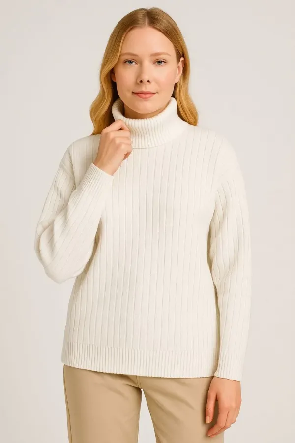 Kadın Balıkcı Yaka Bağazlı Triko Kazak Pamuklu Kalın Fitilli Dokuma - Beyaz