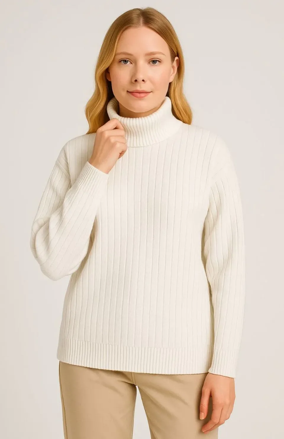 Kadın Balıkcı Yaka Bağazlı Triko Kazak Pamuklu Kalın Fitilli Dokuma - Beyaz