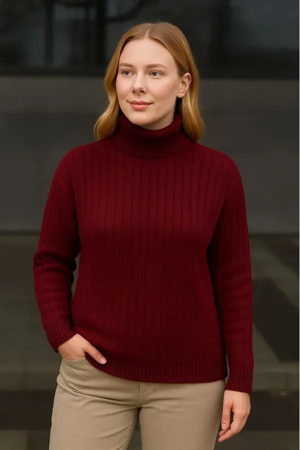 Kadın Balıkcı Yaka Bağazlı Triko Kazak Pamuklu Kalın Fitilli Dokuma - Bordo