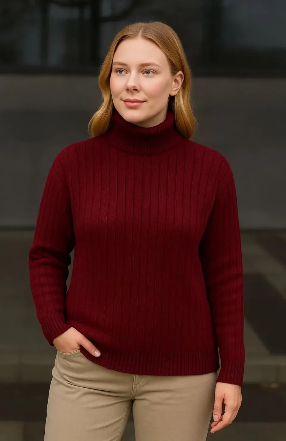 Kadın Balıkcı Yaka Bağazlı Triko Kazak Pamuklu Kalın Fitilli Dokuma - Bordo