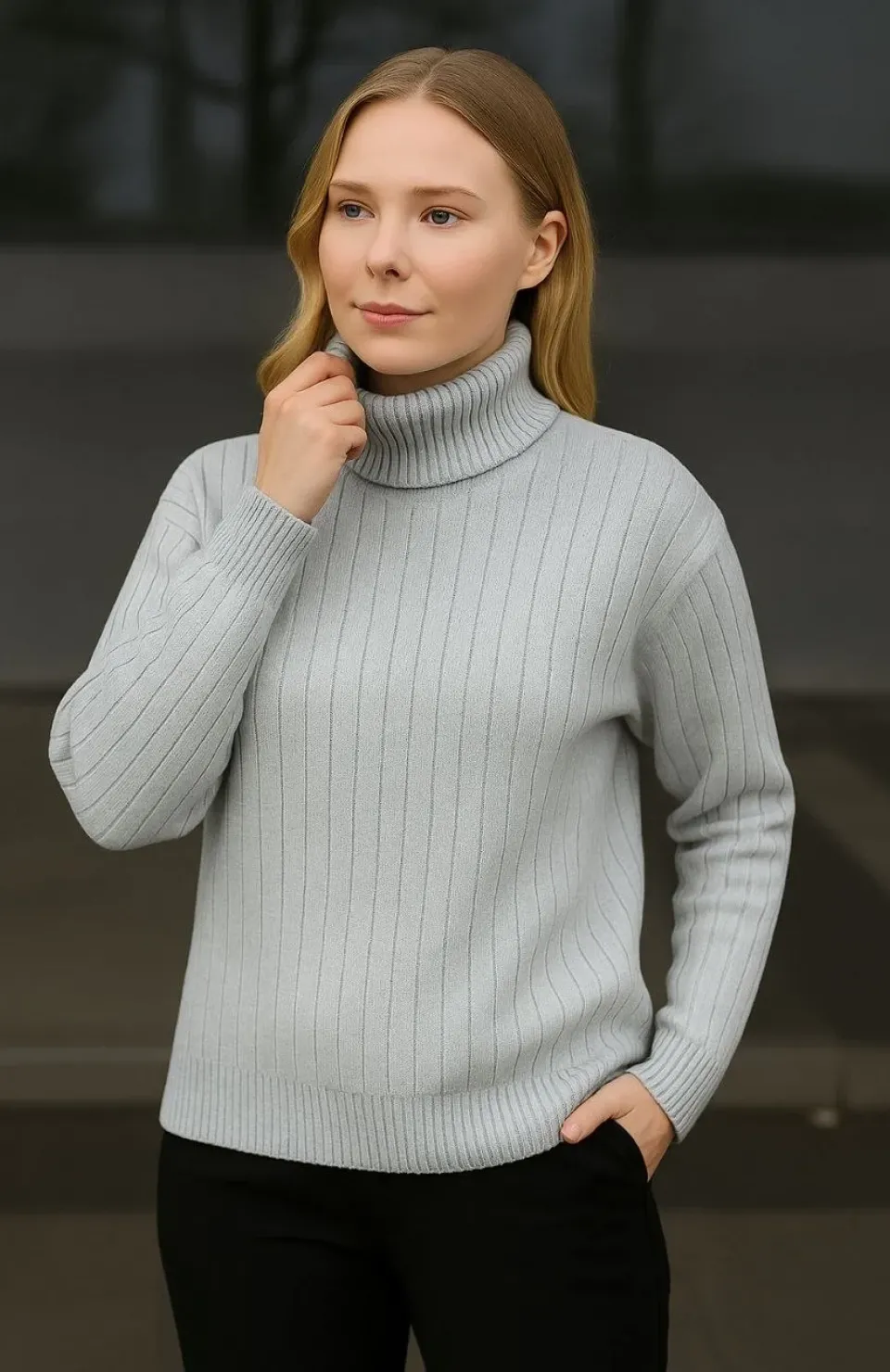 Kadın Balıkcı Yaka Bağazlı Triko Kazak Pamuklu Kalın Fitilli Dokuma - Gri
