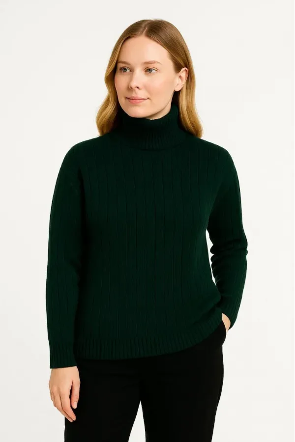 Kadın Balıkcı Yaka Bağazlı Triko Kazak Pamuklu Kalın Fitilli Dokuma - Haki