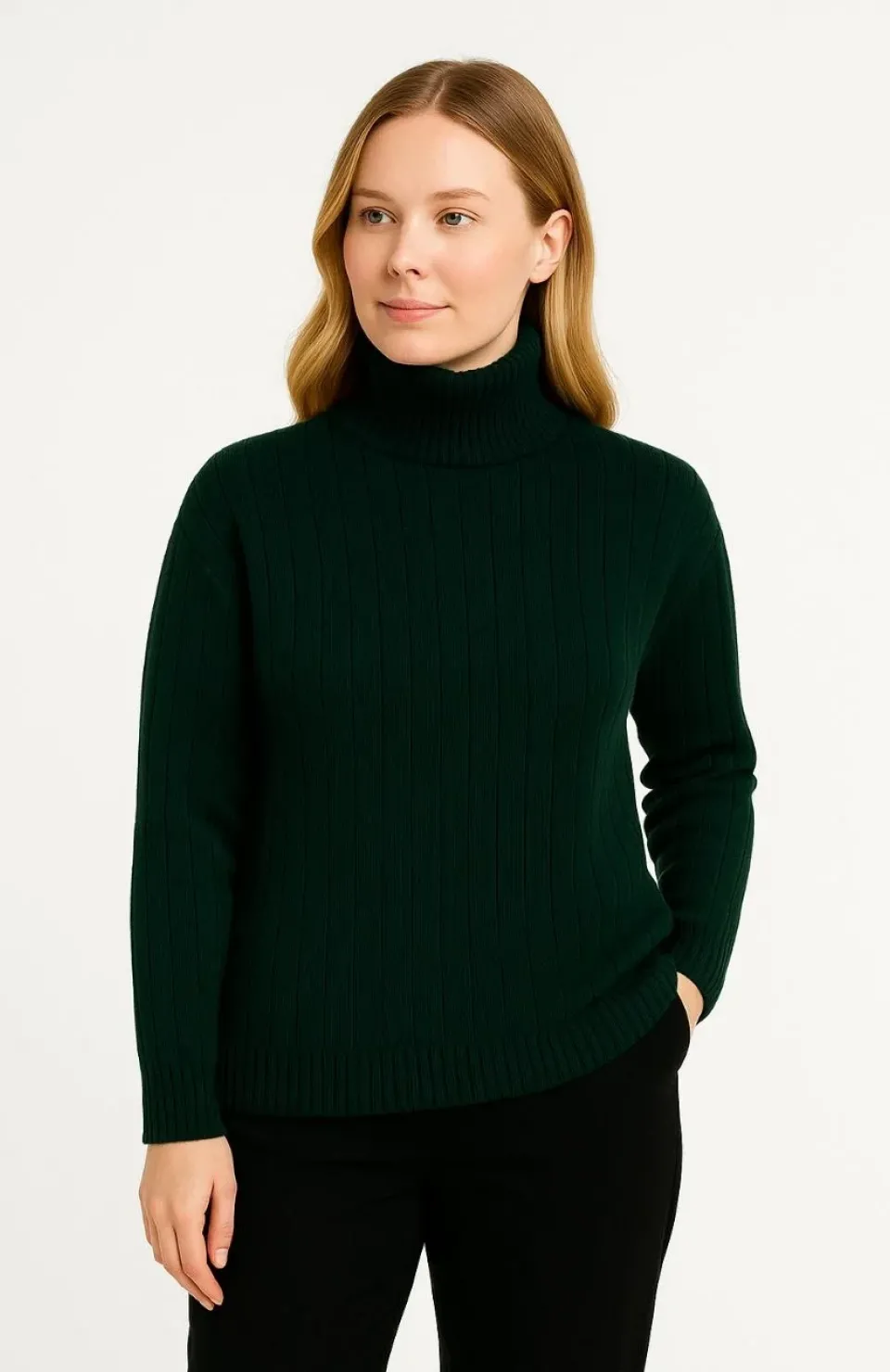 Kadın Balıkcı Yaka Bağazlı Triko Kazak Pamuklu Kalın Fitilli Dokuma - Haki