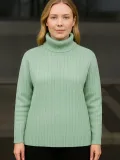 Kadın Balıkcı Yaka Bağazlı Triko Kazak Pamuklu Kalın Fitilli Dokuma - Mint Yeşili