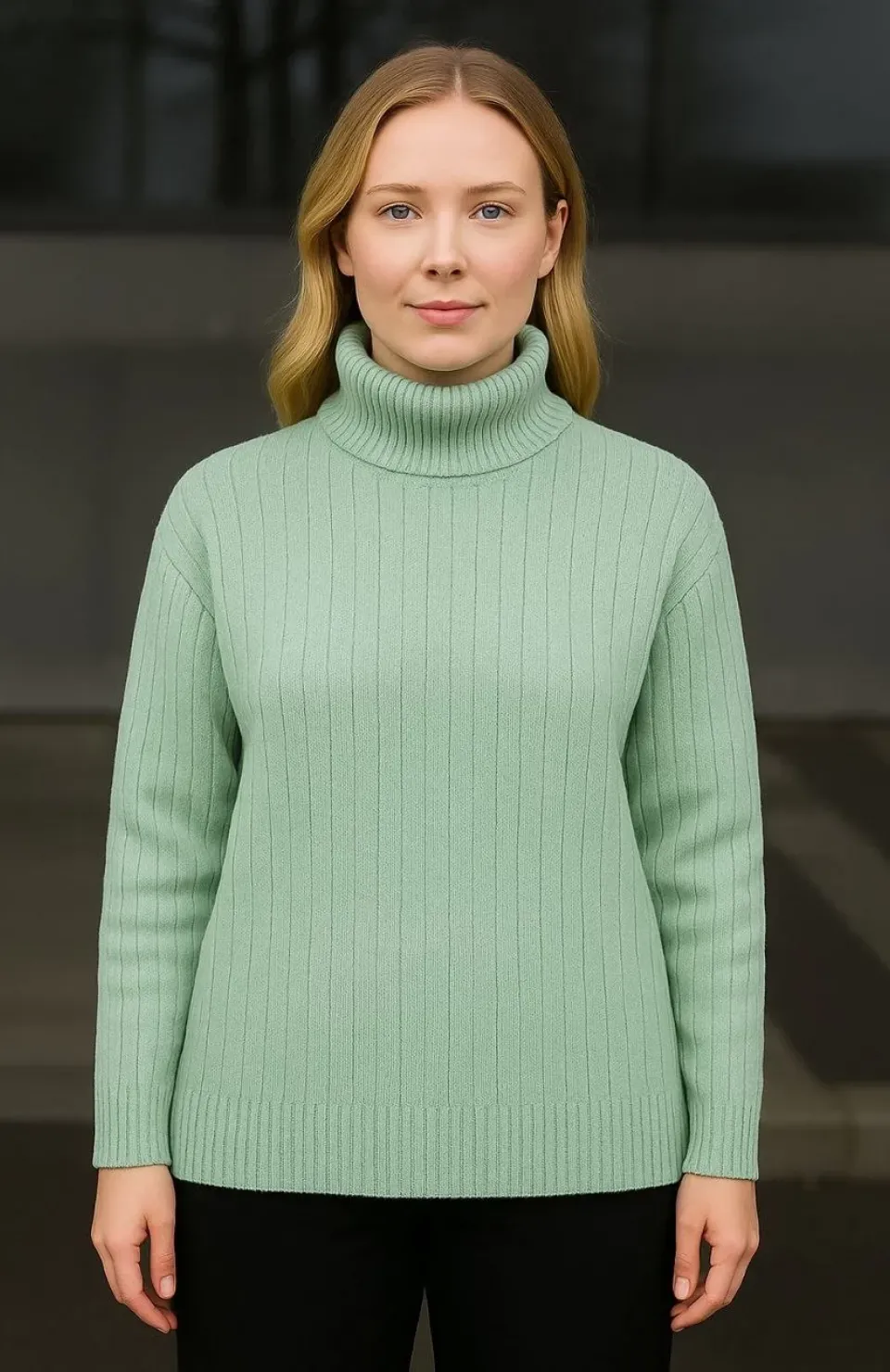 Kadın Balıkcı Yaka Bağazlı Triko Kazak Pamuklu Kalın Fitilli Dokuma - Mint Yeşili