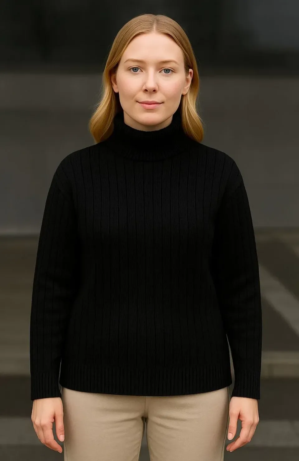 Kadın Balıkcı Yaka Bağazlı Triko Kazak Pamuklu Kalın Fitilli Dokuma - Siyah