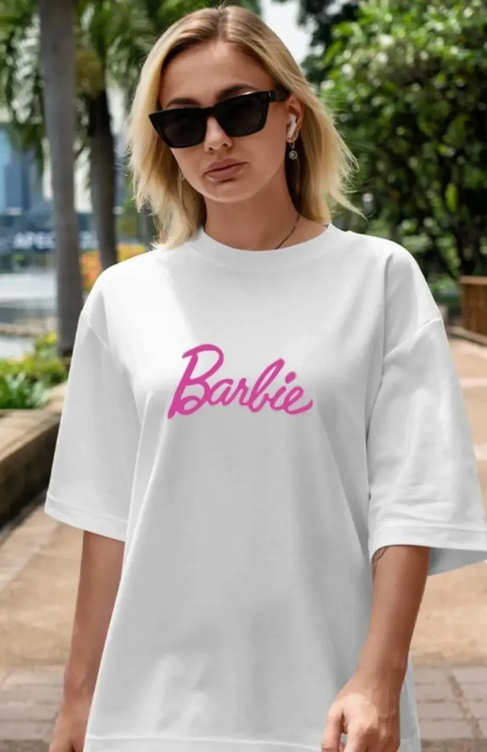 Kadın Baskılı Oversize T-shirt - Beyaz