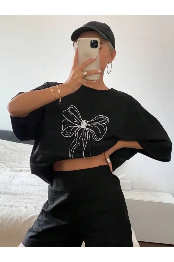 Kadın Baskılı Oversize T-shirt - Siyah