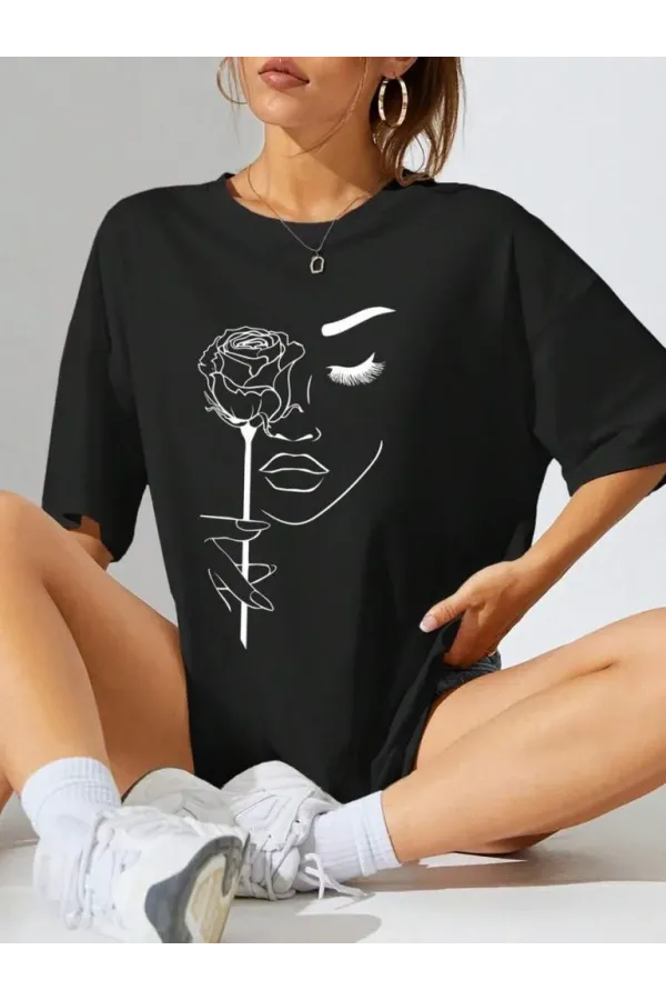Kadın Baskılı Oversize T-shirt - Siyah