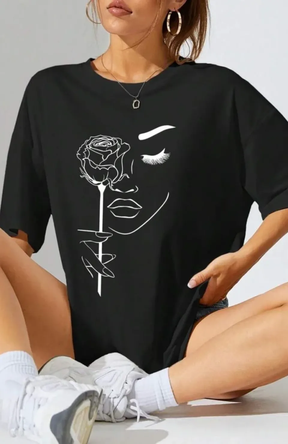 Kadın Baskılı Oversize T-shirt - Siyah