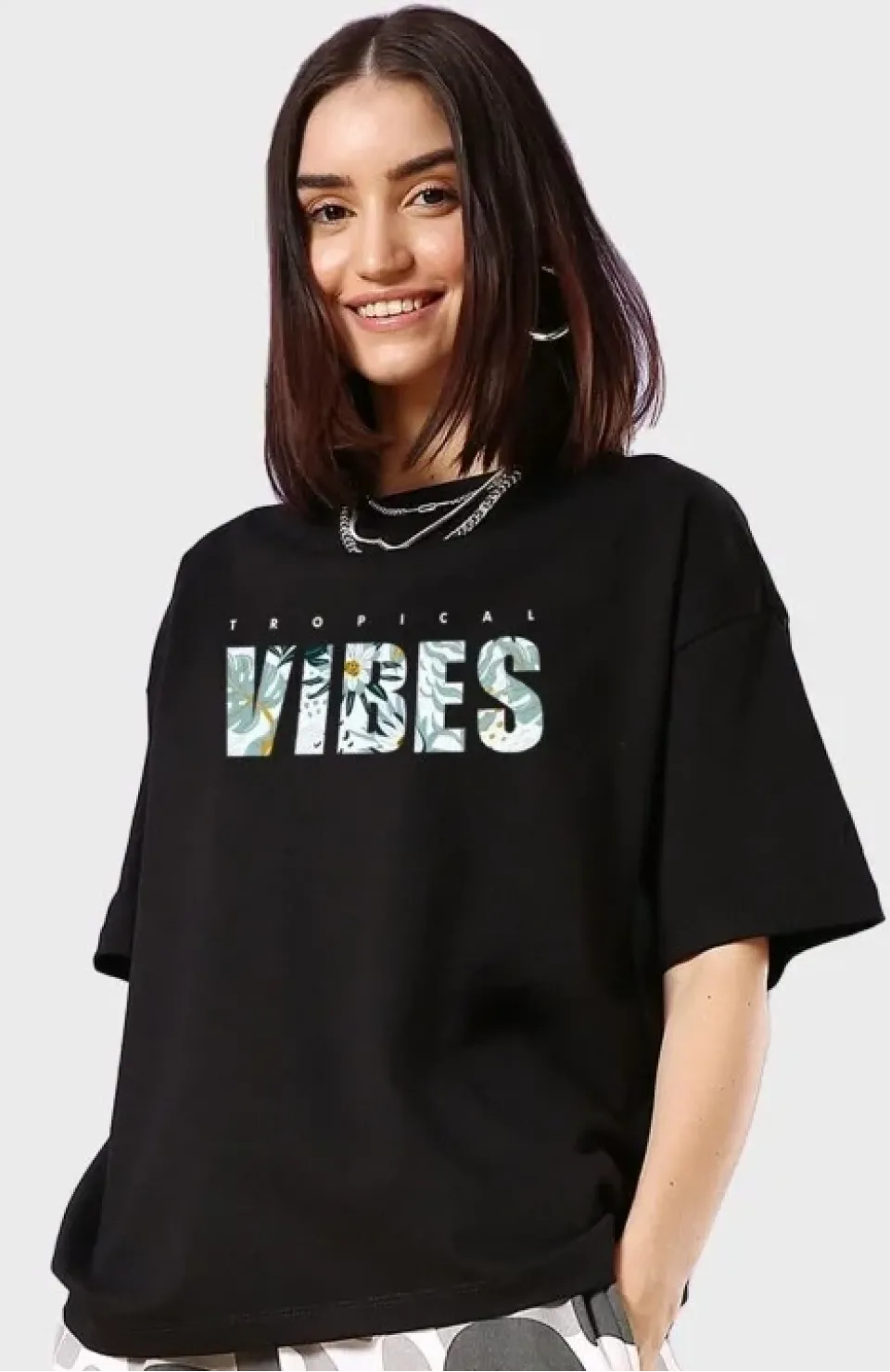 Kadın Baskılı Oversize T-shirt - Siyah