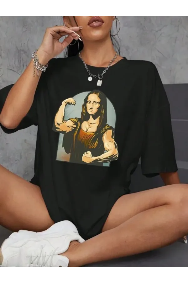 Kadın Baskılı Oversize T-shirt - Siyah