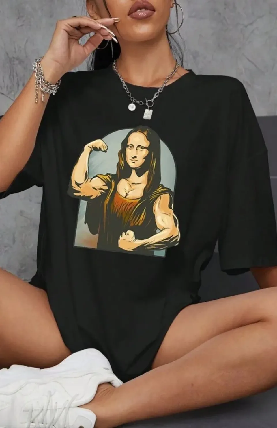 Kadın Baskılı Oversize T-shirt - Siyah