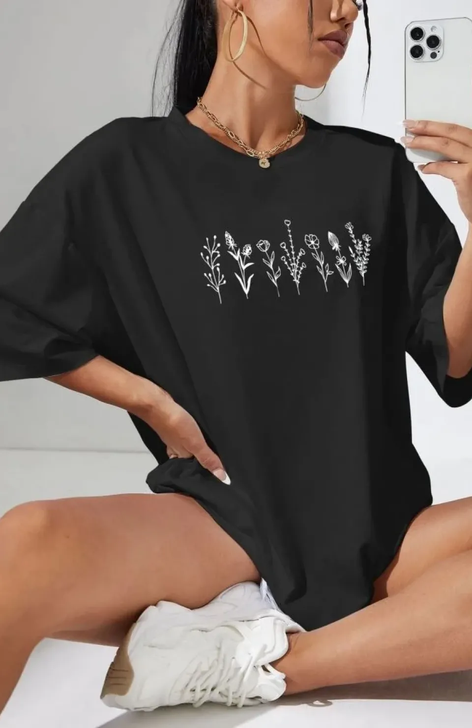 Kadın Baskılı Oversize T-shirt - Siyah