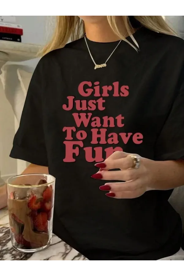 Kadın Baskılı Oversize T-shirt - Siyah