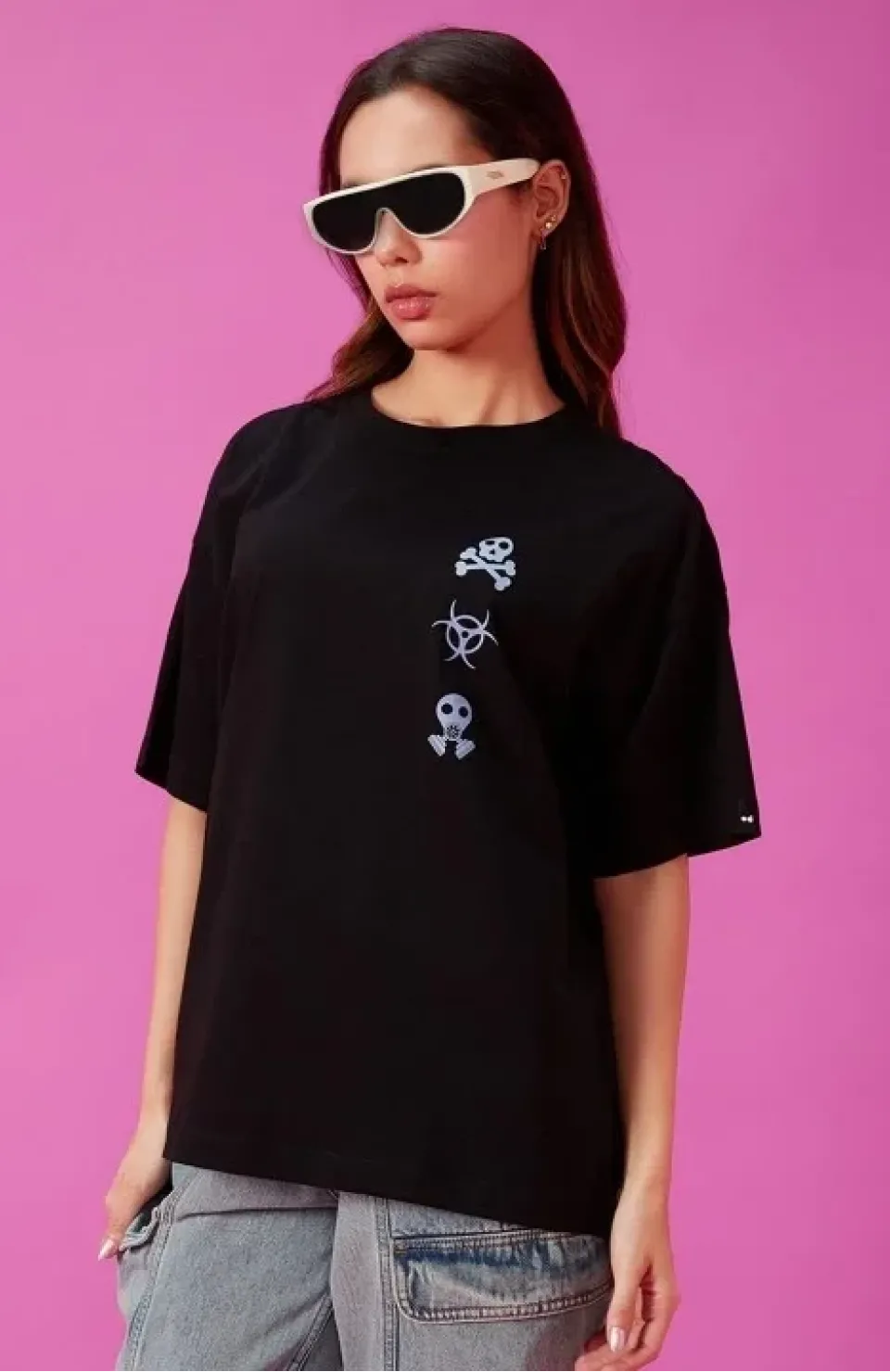 Kadın Baskılı Oversize T-shirt - Siyah