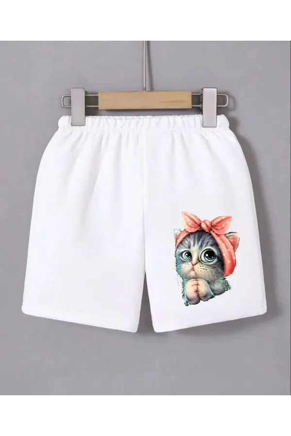 Kadın Beli Lastikli Baskılı Mini Şort - Beyaz