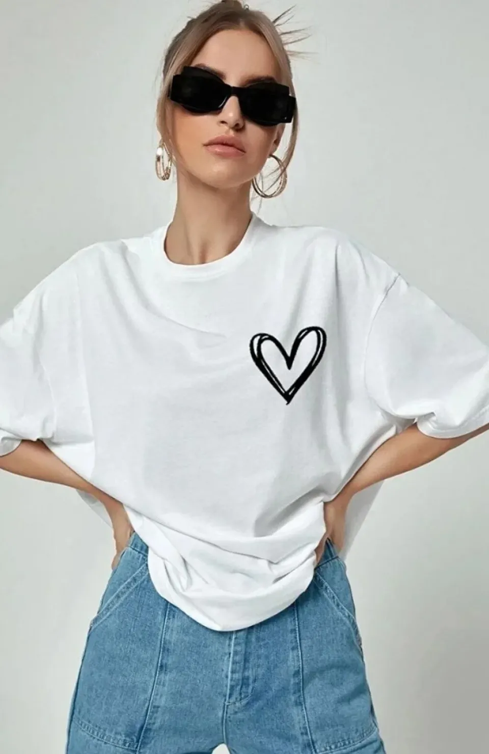 Kadın Bisiklet Yaka Baskılı Oversize T-Shirt - Beyaz