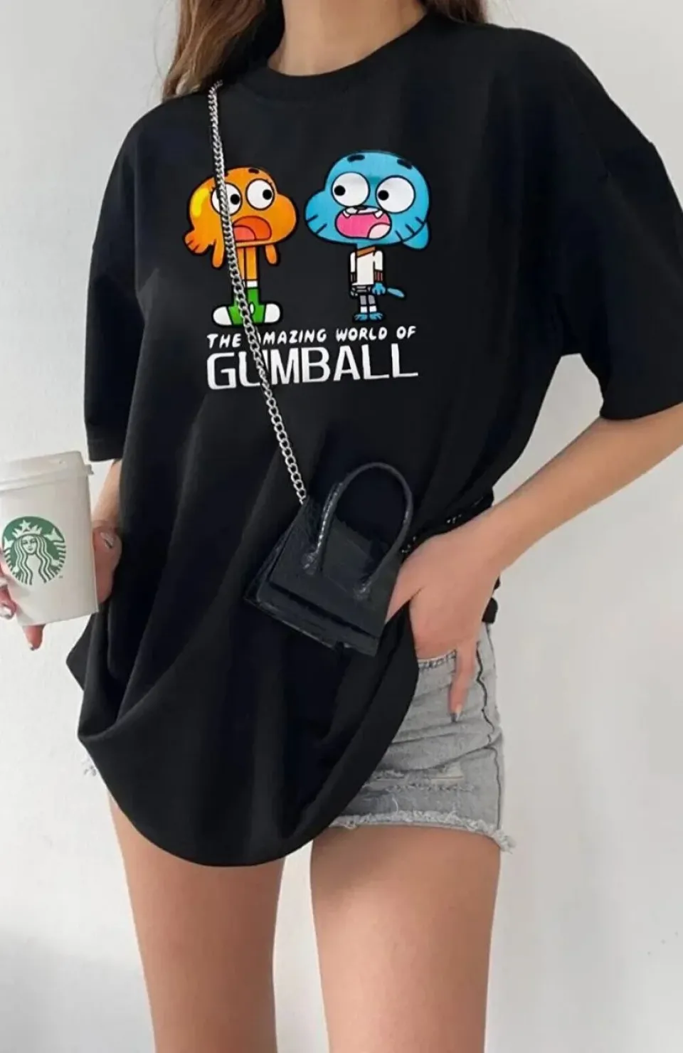 Kadın Bisiklet Yaka Baskılı Oversize T-Shirt - Siyah