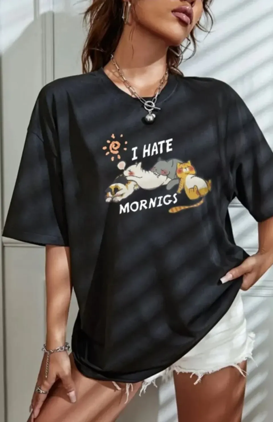 Kadın Bisiklet Yaka Baskılı Oversize T-Shirt - Siyah