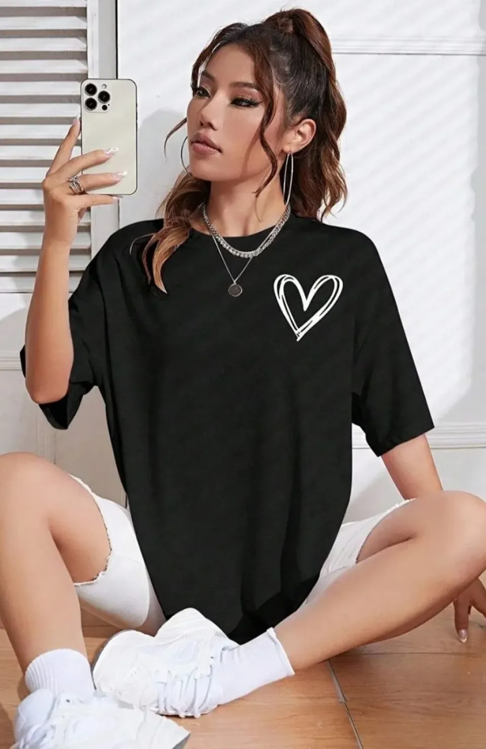 Kadın Bisiklet Yaka Baskılı Oversize T-Shirt - Siyah Somersan Giyim | Kadın, Erkek ve Çocuk Moda