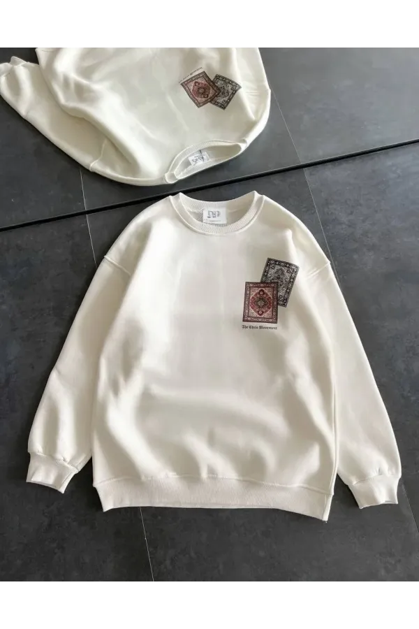 Kadın Bisiklet Yaka Baskılı SweatShirt - Beyaz