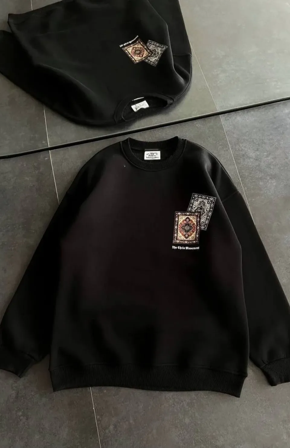 Kadın Bisiklet Yaka Baskılı SweatShirt - Siyah
