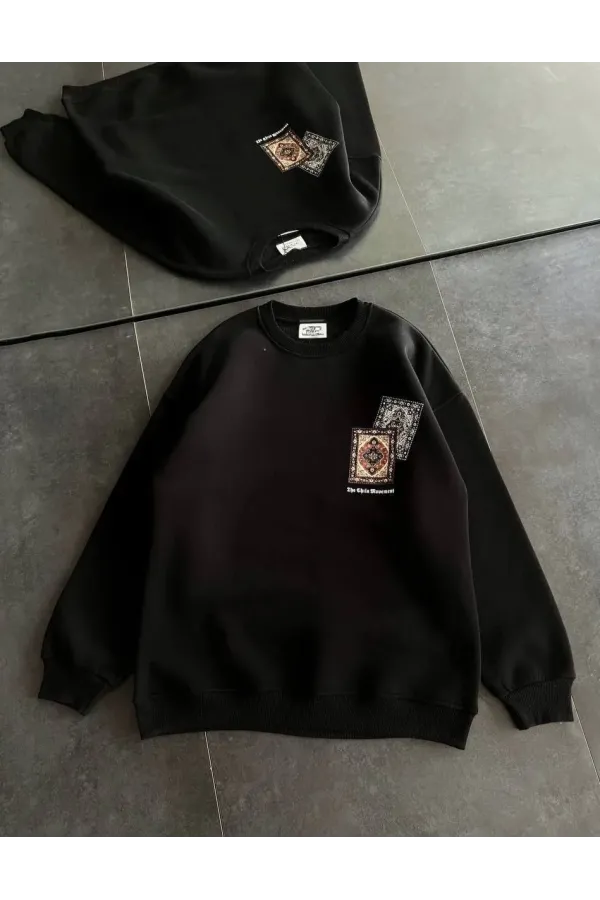 Kadın Bisiklet Yaka Baskılı SweatShirt - Siyah