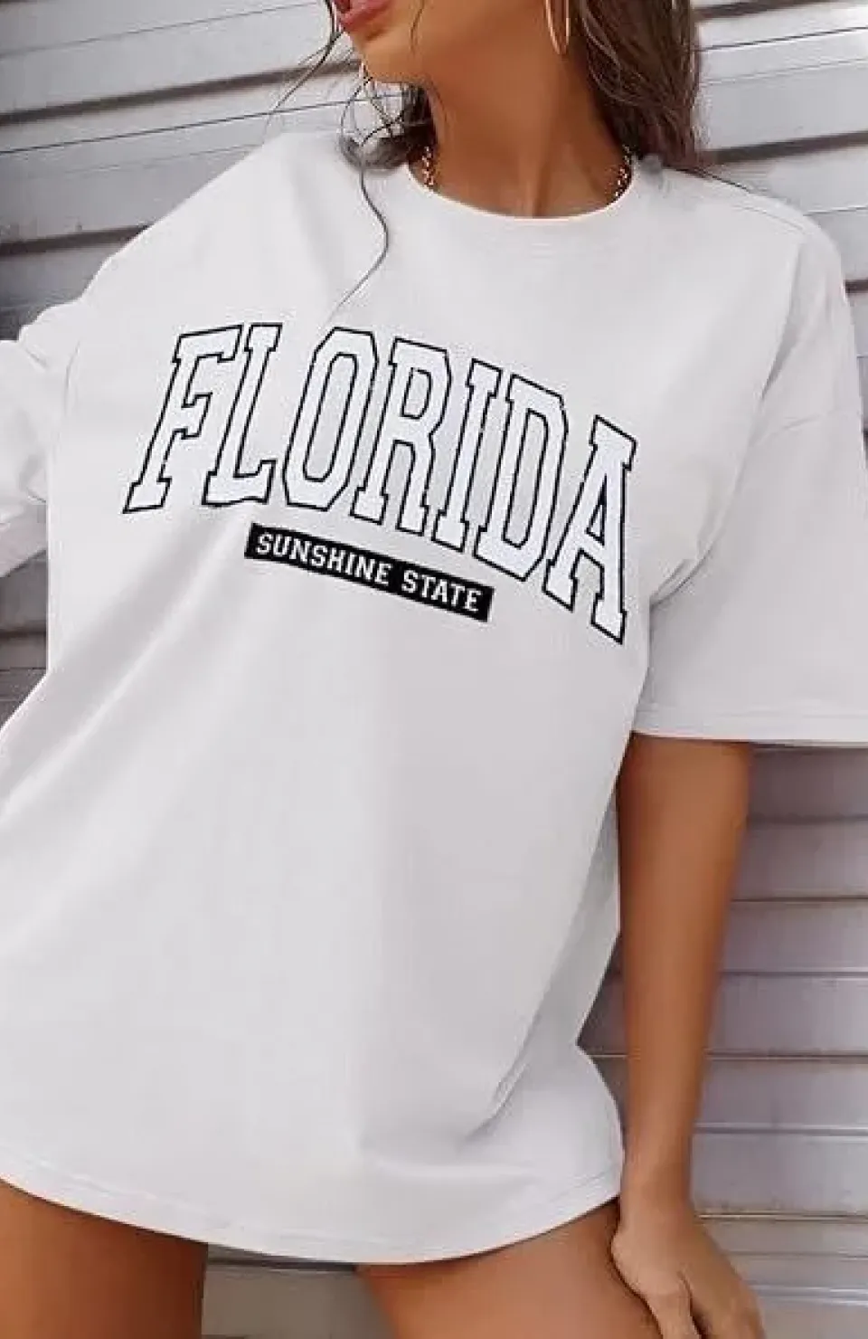 Kadın Bisiklet Yaka Baskılı T-shirt - Beyaz