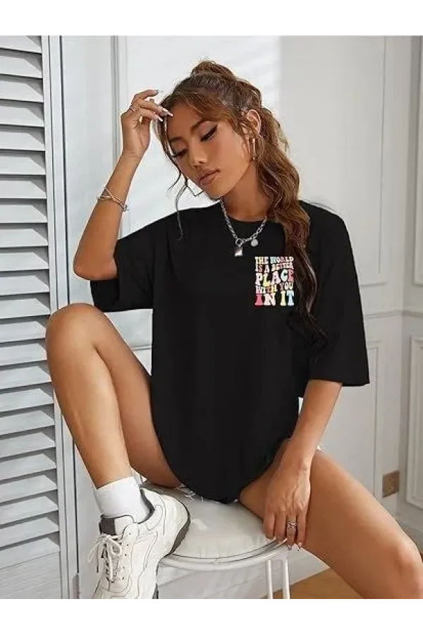 Kadın Bisiklet Yaka Baskılı T-shirt - Siyah