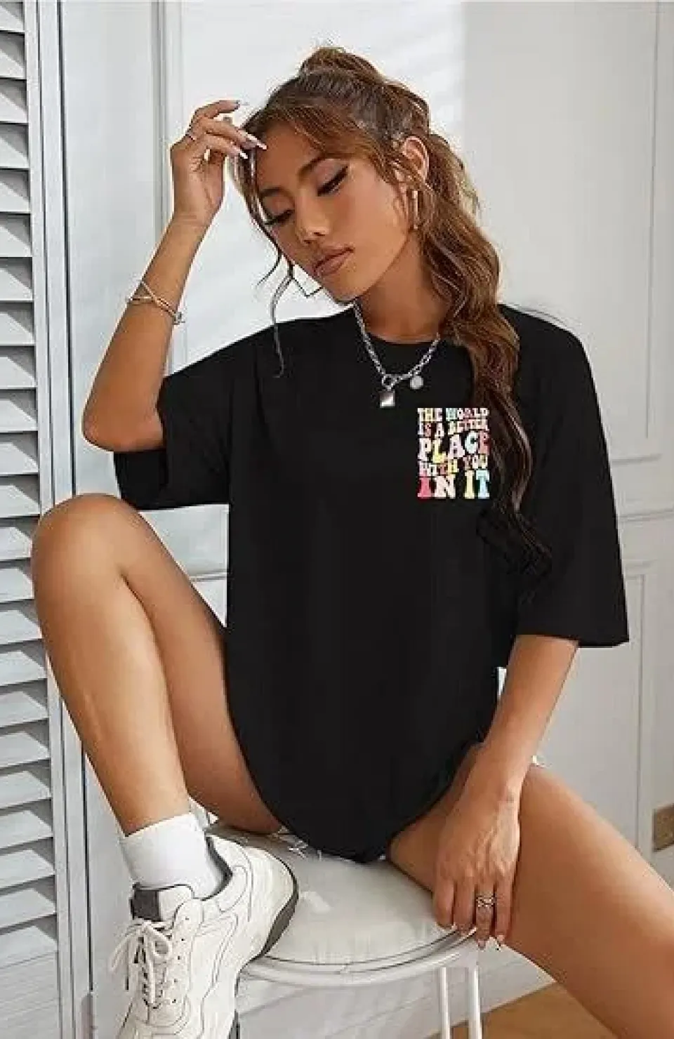 Kadın Bisiklet Yaka Baskılı T-shirt - Siyah