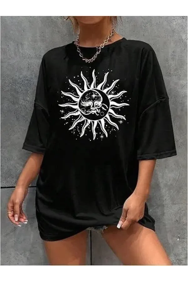 Kadın Bisiklet Yaka Baskılı T-shirt - Siyah