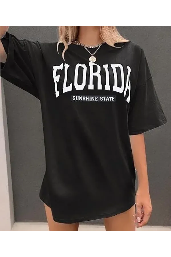 Kadın Bisiklet Yaka Baskılı T-shirt - Siyah