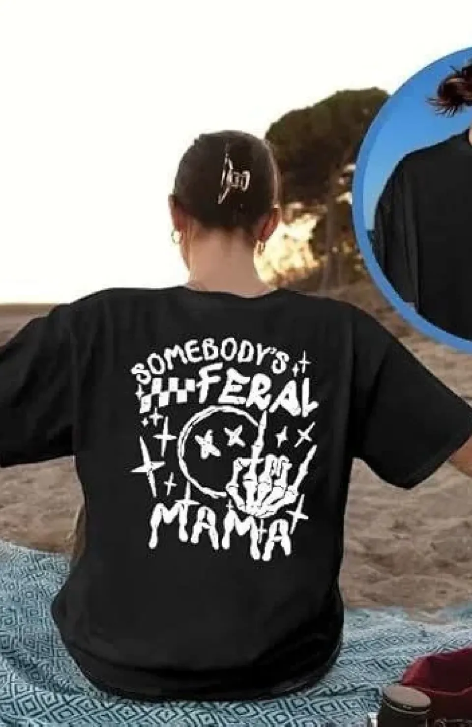 Kadın Bisiklet Yaka Baskılı T-shirt - Siyah