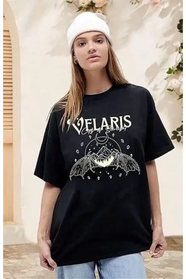 Kadın Bisiklet Yaka Baskılı T-shirt - Siyah