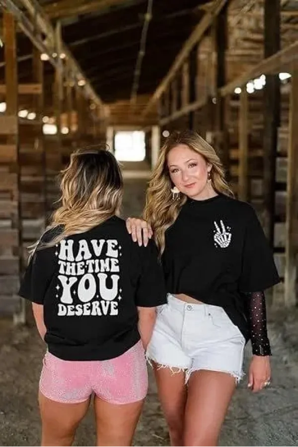 Kadın Bisiklet Yaka Kısa Kol Baskılı T-shirt - Siyah