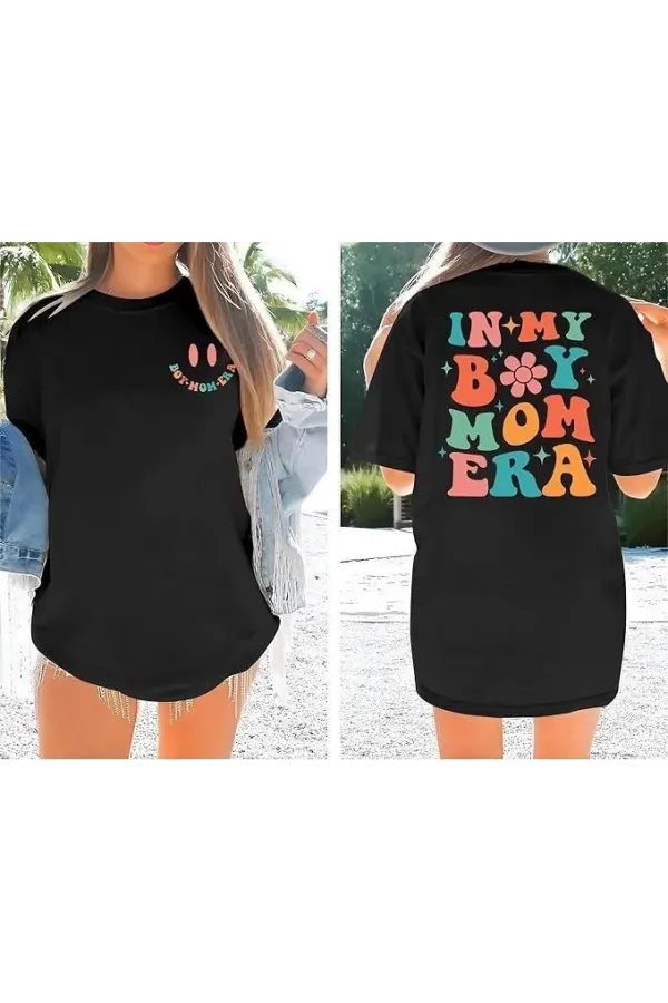 Kadın Bisiklet Yaka Kısa Kol Baskılı T-shirt - Siyah