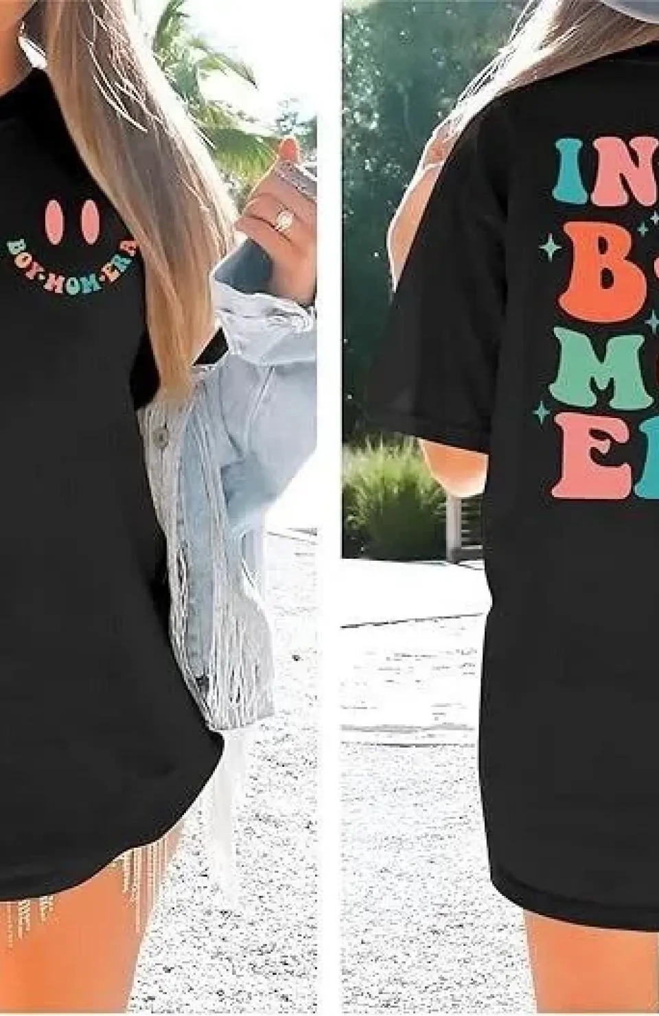 Kadın Bisiklet Yaka Kısa Kol Baskılı T-shirt - Siyah