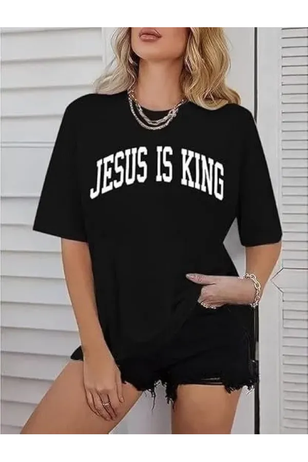 Kadın Bisiklet Yaka Kısa Kol Baskılı T-shirt - Siyah