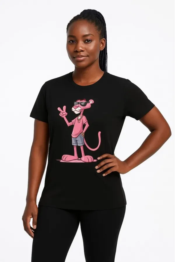 Kadın Bisiklet Yaka Kısa Kollu Baskılı T-shirt - Siyah