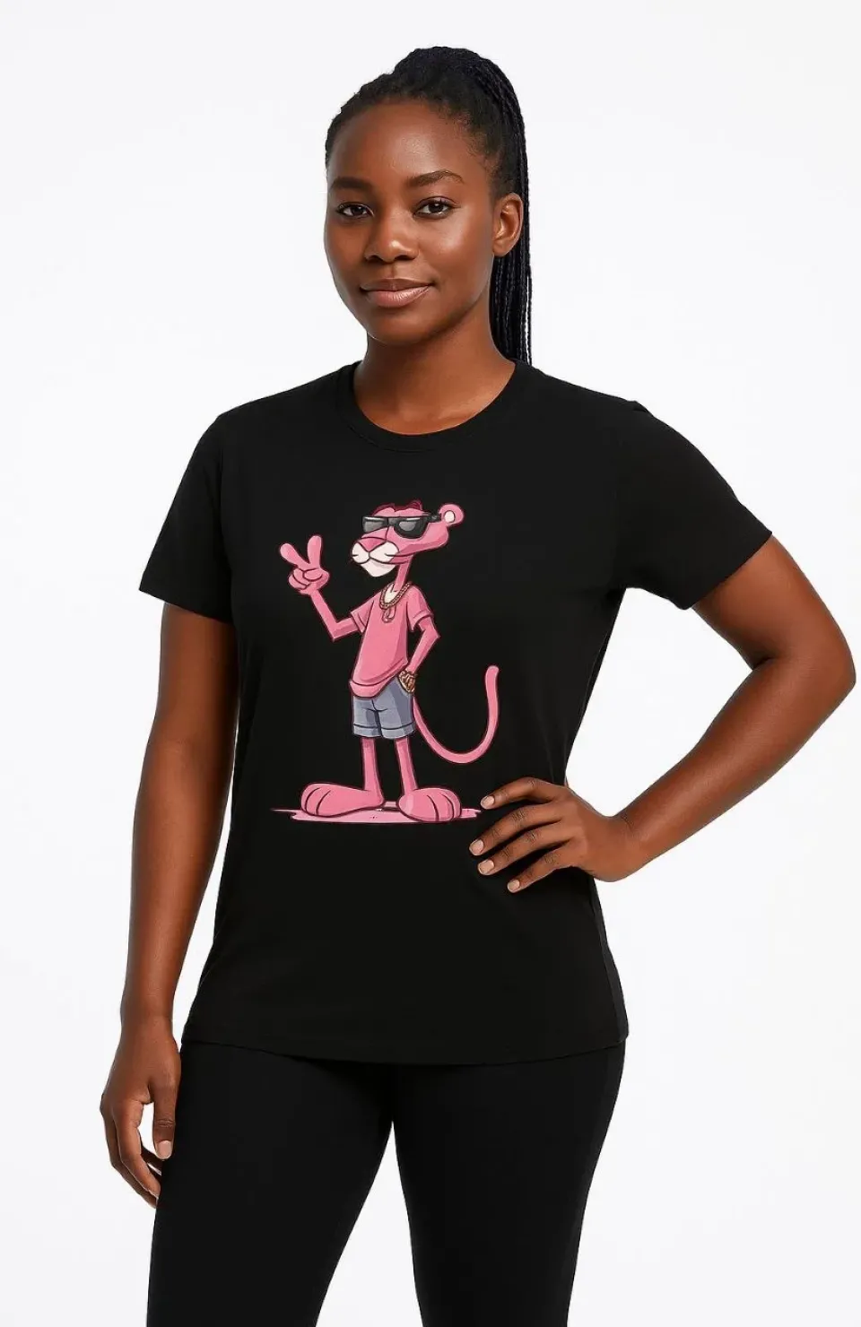 Kadın Bisiklet Yaka Kısa Kollu Baskılı T-shirt - Siyah